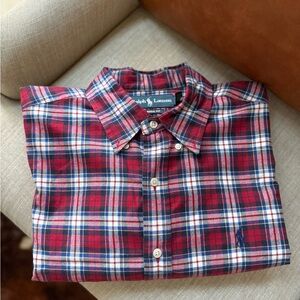 Ralph Lauren Men's Red, White, and Navy Long Sleeve Button Down Plaid Shirt